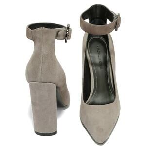 Kendall Kylie Gloria Beige Gray Suede Heels Sz 10 Career Chic‎ Hollywood Buckle